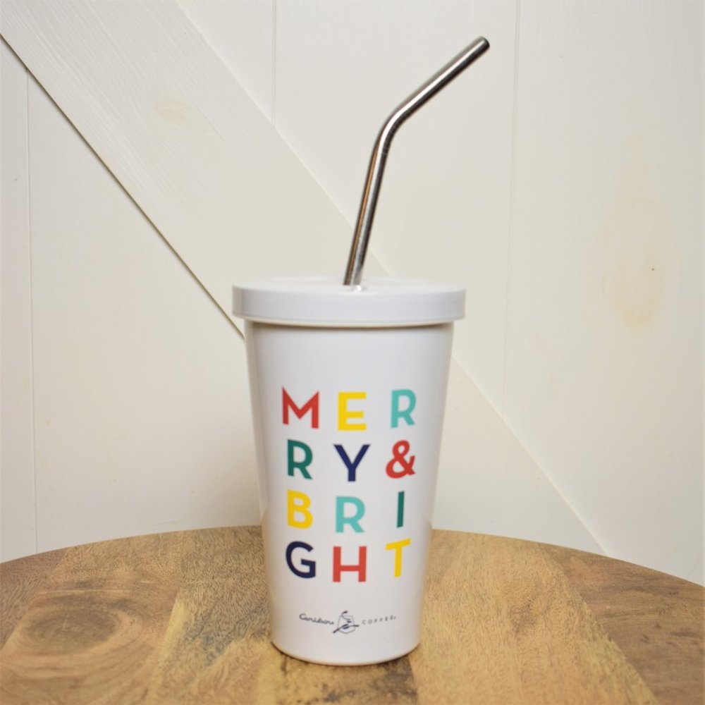 Caribou Coffee Holiday Christmas 16oz reusable stainless steel tumbler and straw